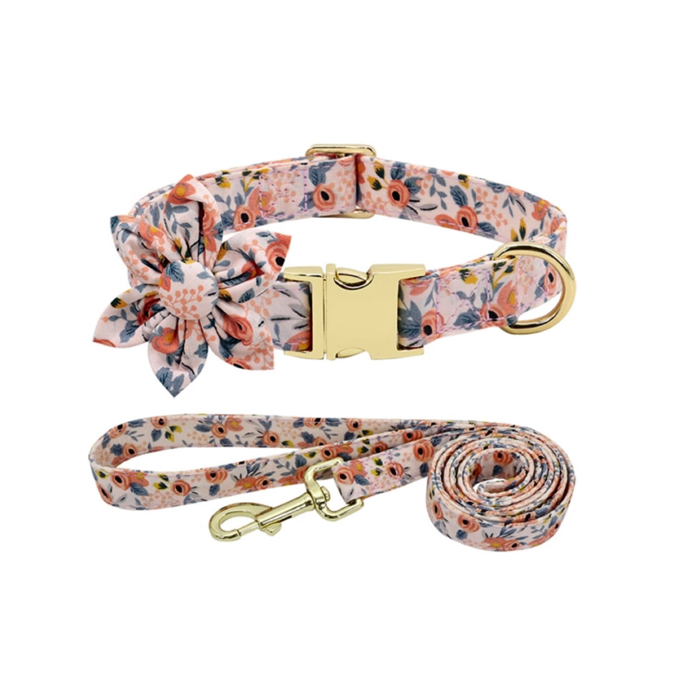 Cream floral dog collar and leash set with gold buckle and detachable flower bow.