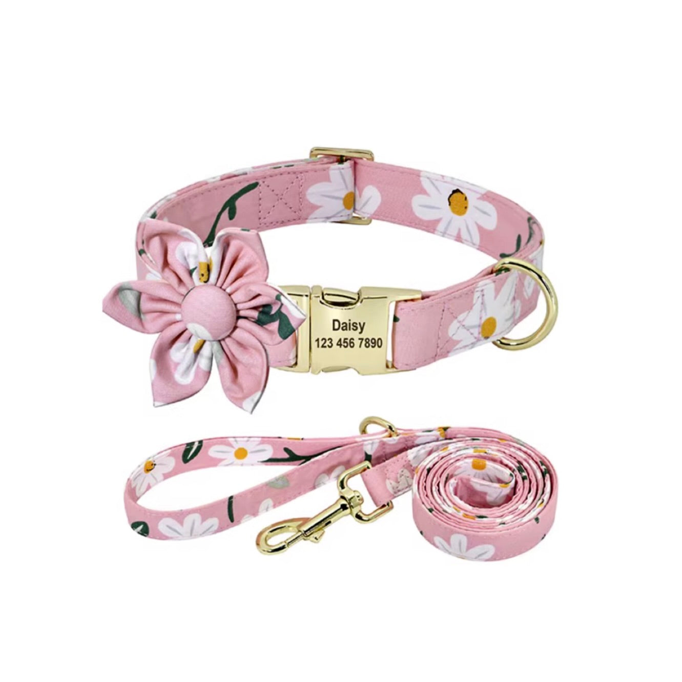 Pink daisy floral dog collar and leash set with matching flower bow and gold hardware.