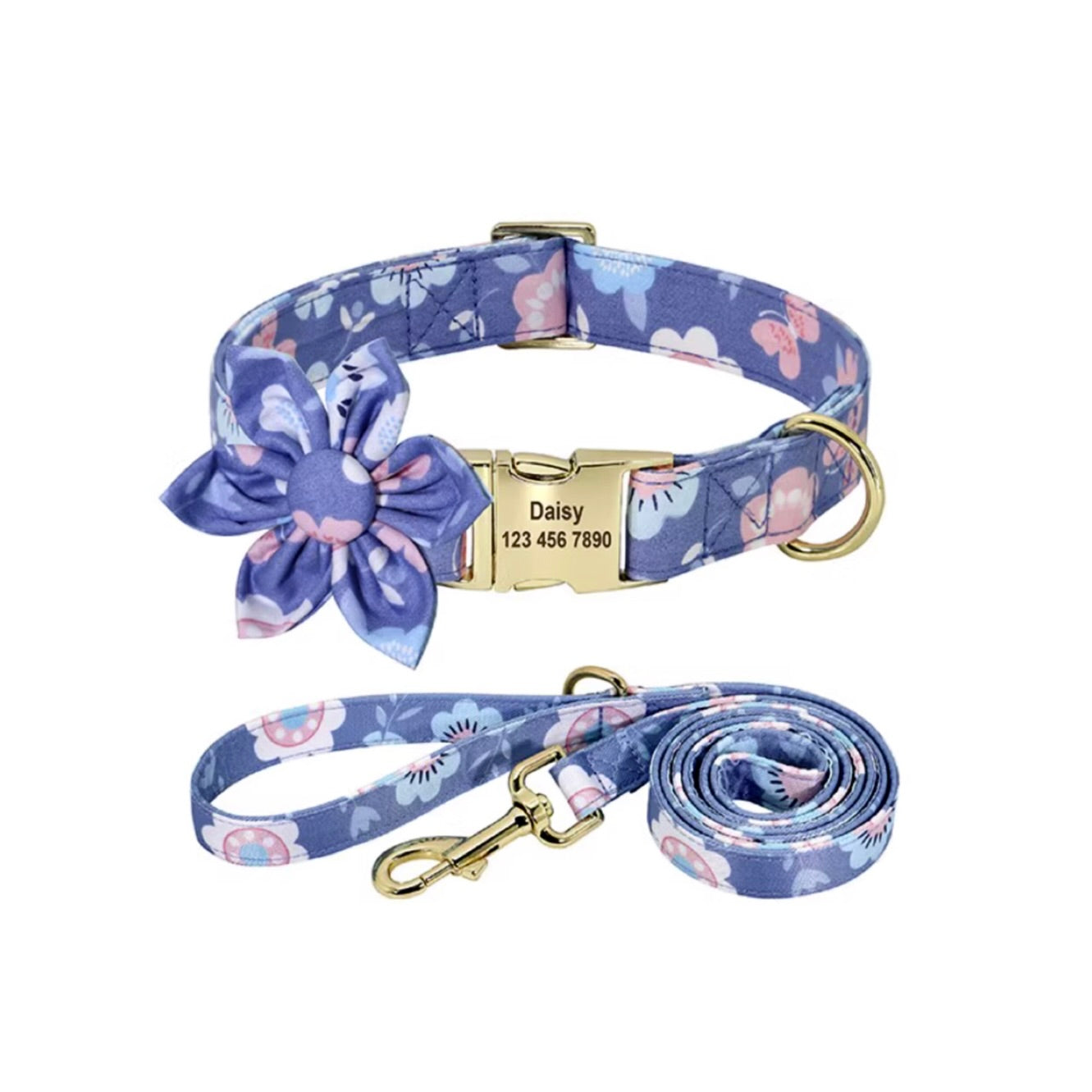 Lavender floral dog collar and leash set with gold engraved buckle and matching bow.