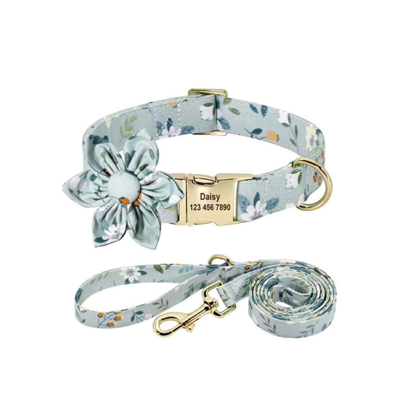 Gray floral dog collar and leash set with detachable flower bow and engraved nameplate.