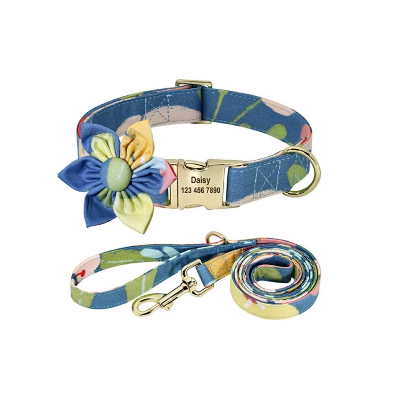 Navy floral dog collar and leash set with yellow-blue bow and engraved nameplate.