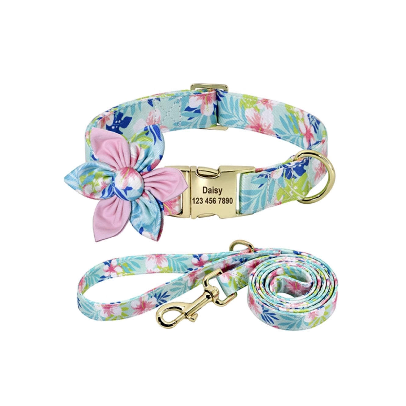 Light blue pastel floral dog collar and leash set with pink flower bow and gold buckle.