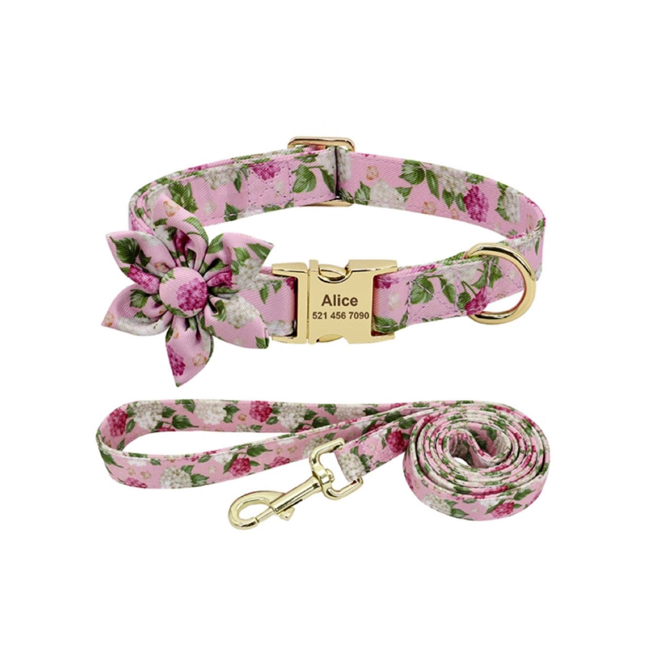floral-dog-collar-set-pink-blossom-custom-name