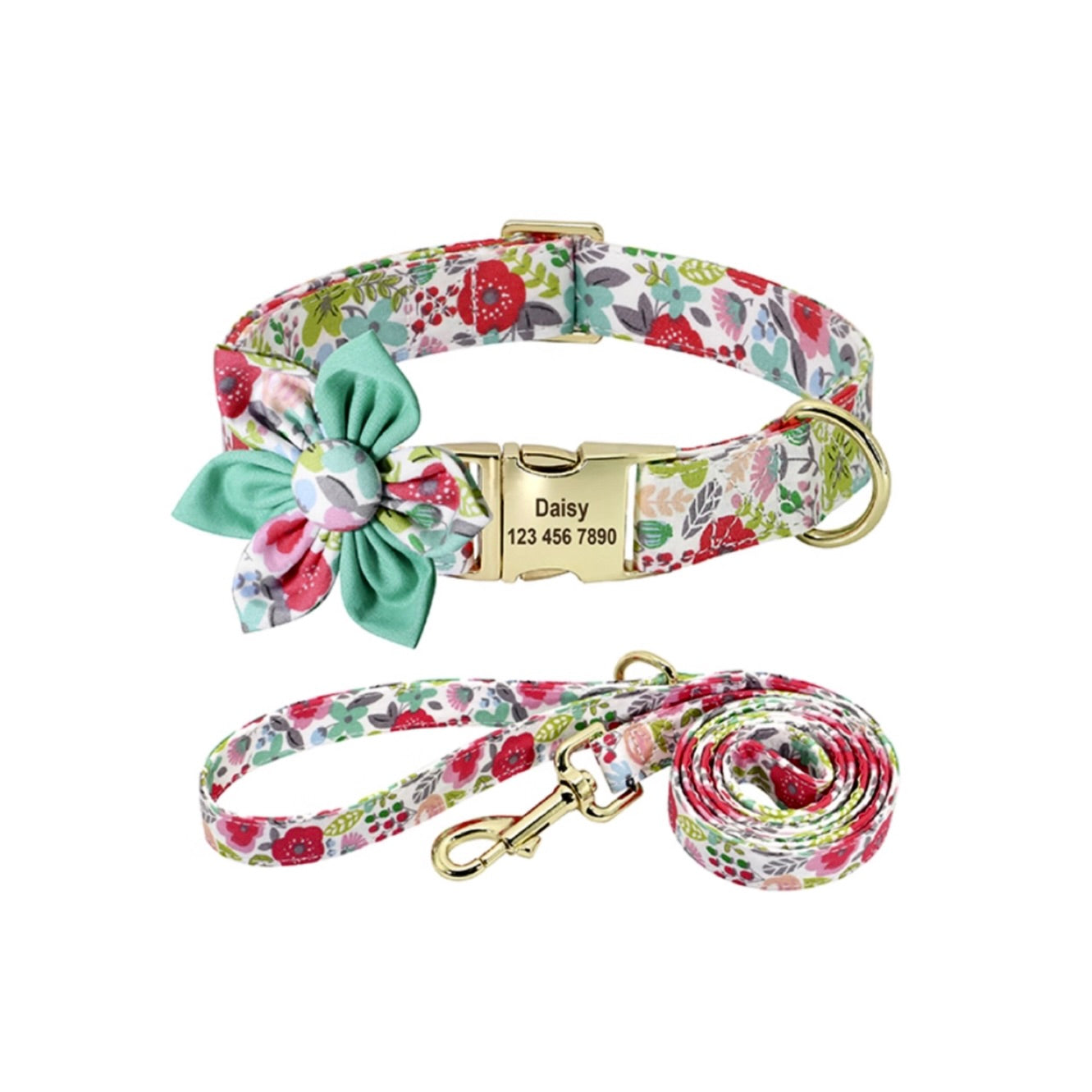 Colorful strawberry and leaf pattern dog collar and leash set with green bow flower.