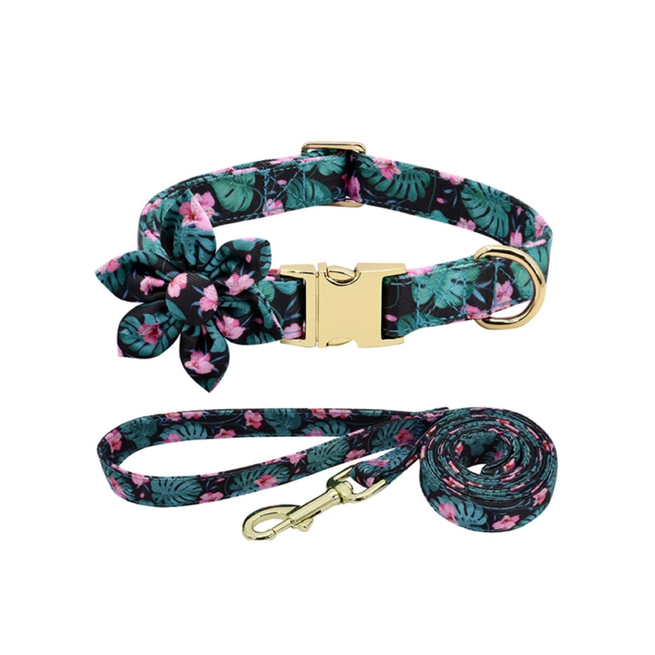 Dark green tropical floral dog collar and leash set with pink flowers and gold hardware.