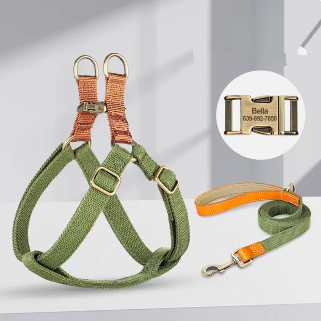 Army green reflective dog harness set with engraved buckle and matching leash.