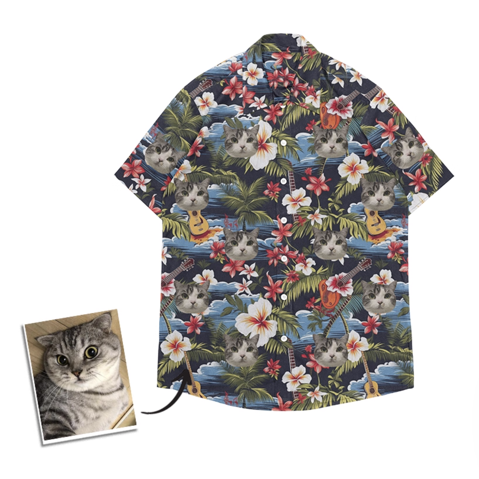 Custom Hawaiian shirt featuring a cat’s face with palm trees, ukuleles, and red hibiscus flowers on a navy ocean background.