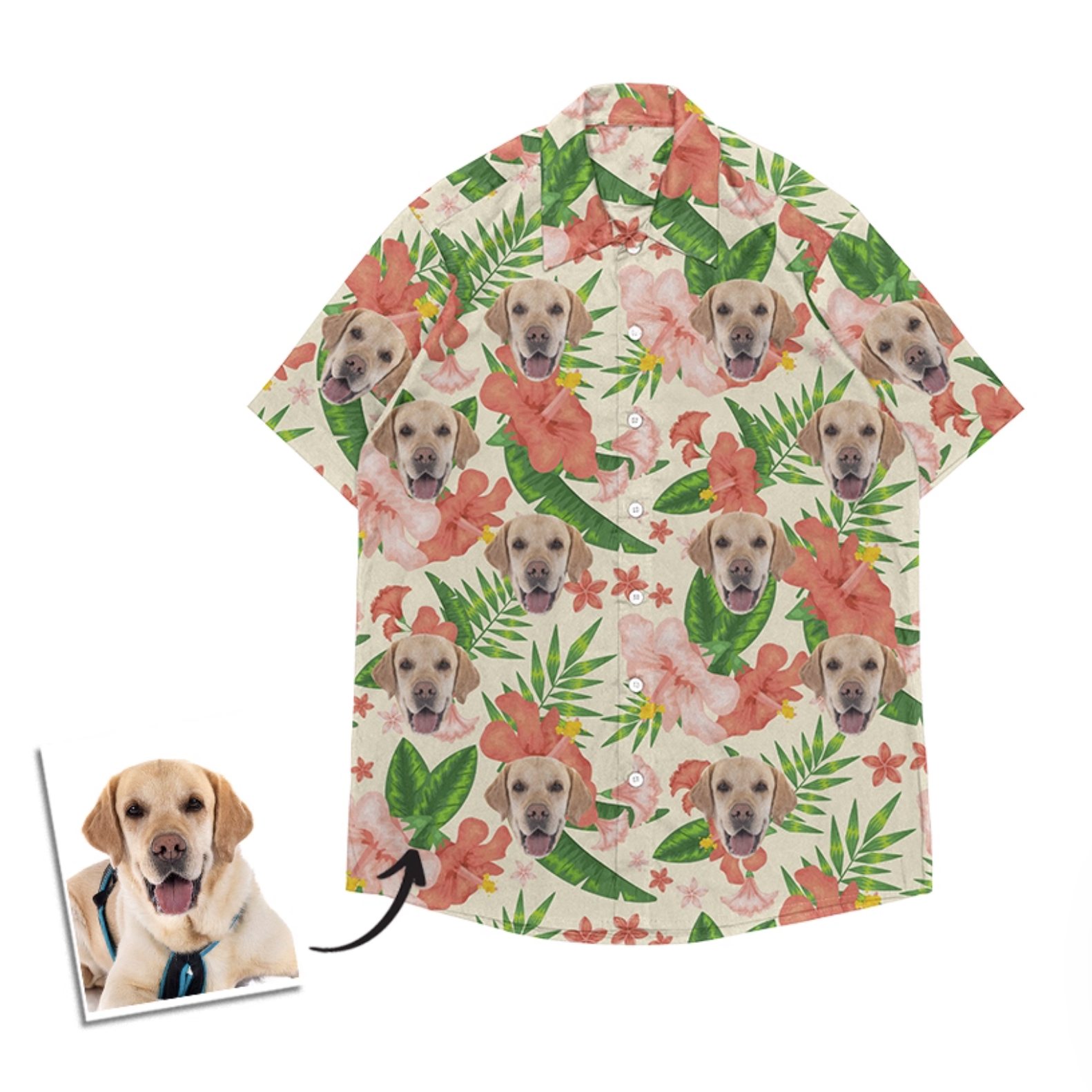 Custom Labrador face Hawaiian shirt with pink hibiscus flowers and green tropical leaves on a beige background.