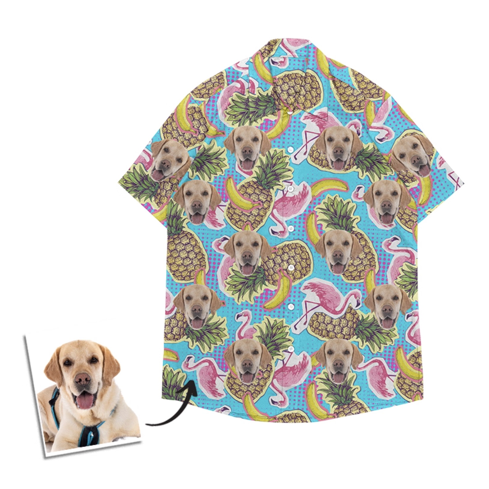 Custom Labrador Hawaiian shirt with pineapples, bananas, and pink flamingos on a light blue tropical background.