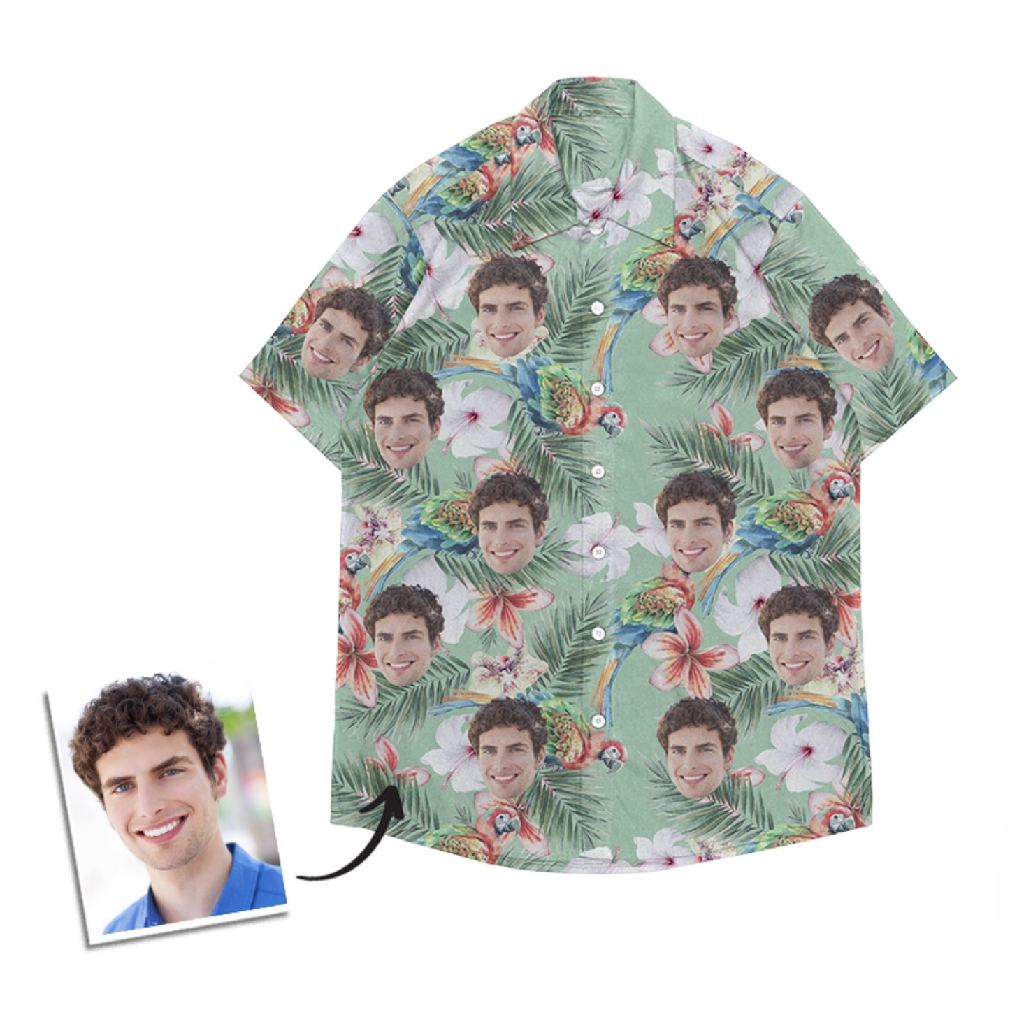 Personalized Hawaiian shirt with a man’s face and colorful parrots on a green tropical leaf background.