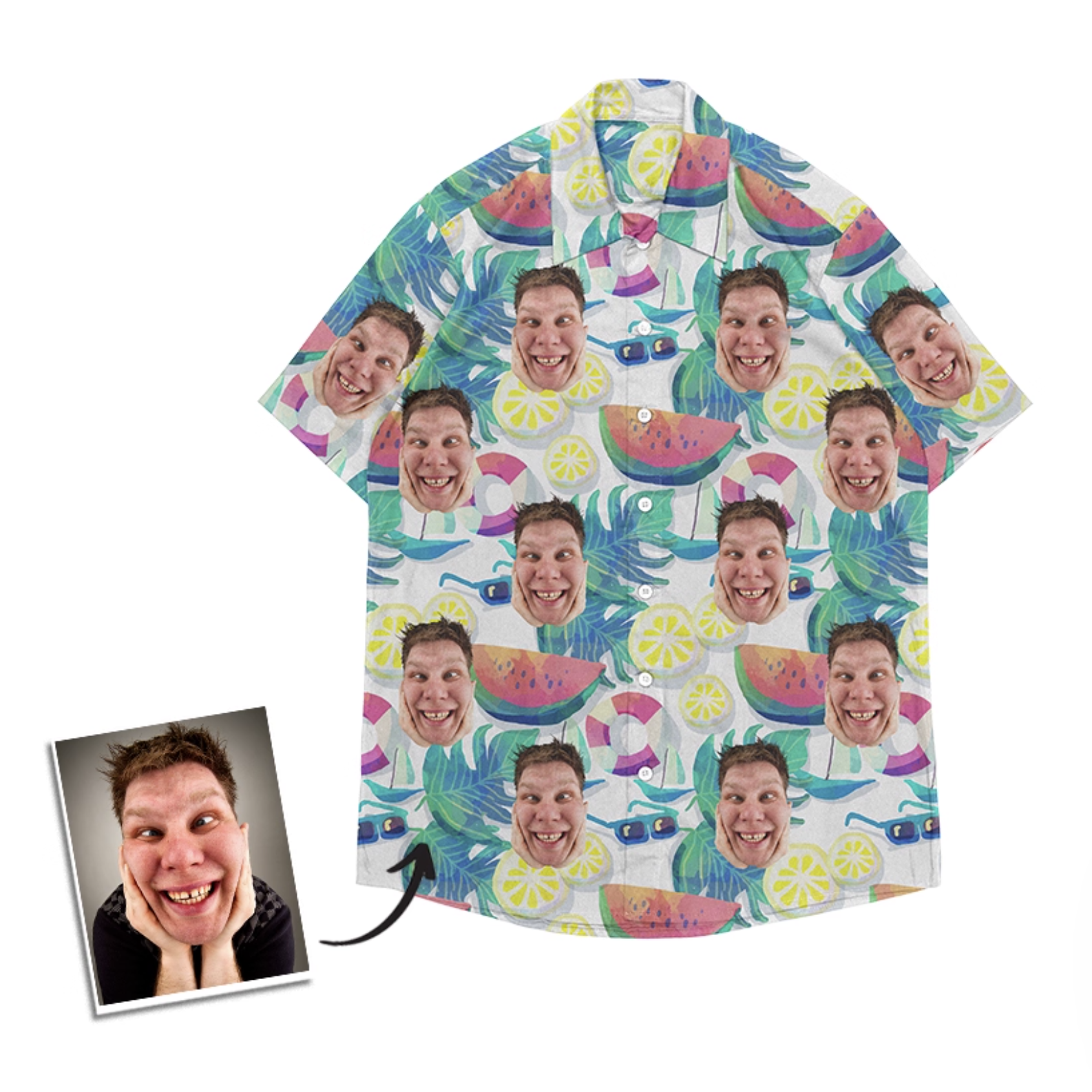 Fun personalized face Hawaiian shirt with bright summer fruit prints like watermelon, lemons, and tropical leaves.