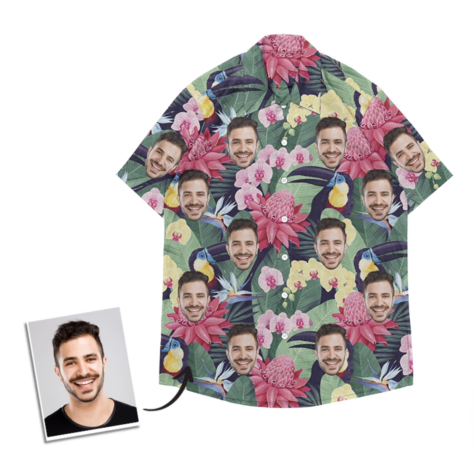 Custom face Hawaiian shirt featuring toucans and lush pink flowers on green.