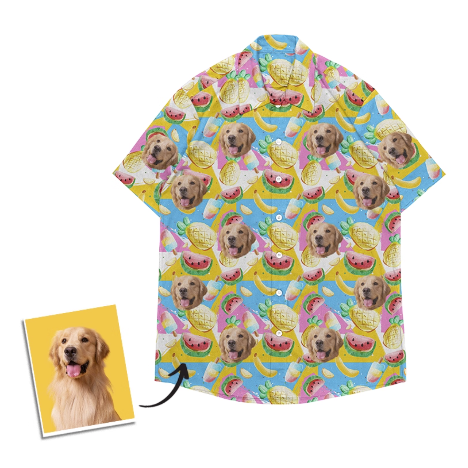 Custom Golden Retriever Hawaiian shirt with pineapples, bananas, and watermelons on a colorful pastel background.