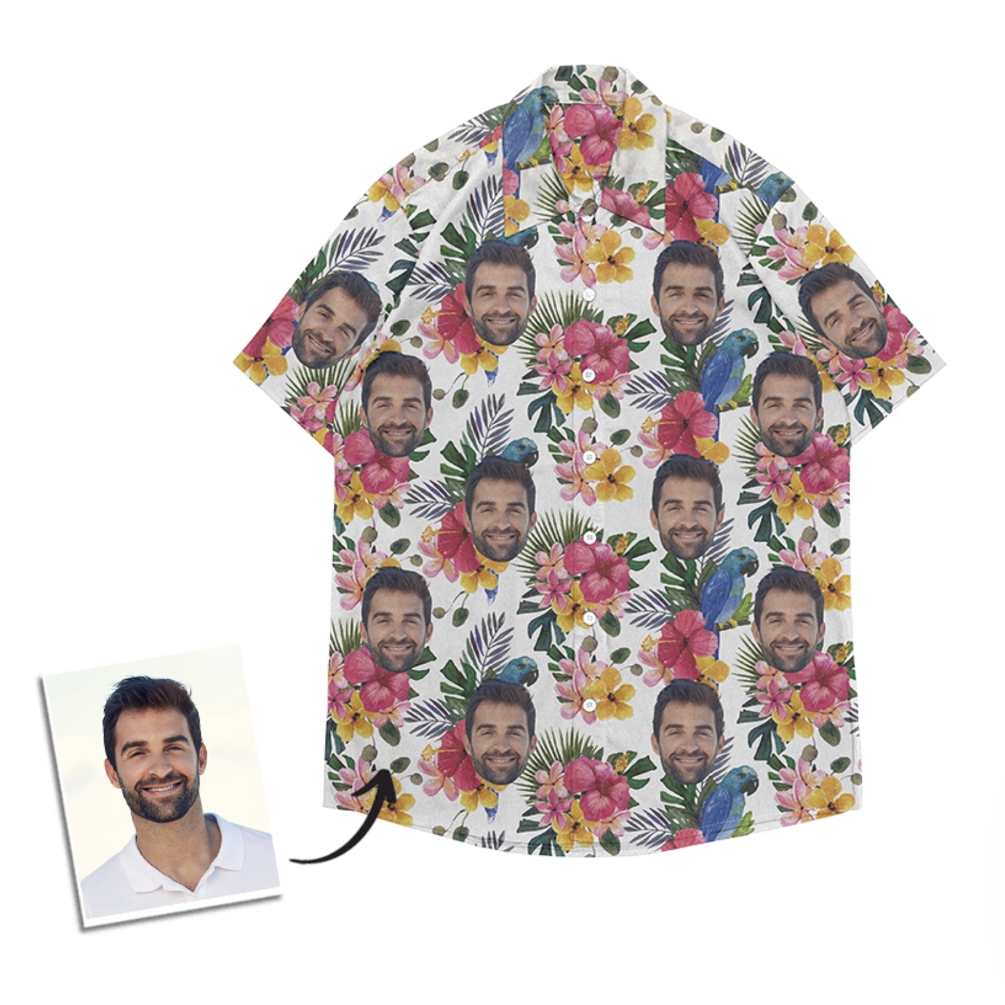 Personalized face shirt with colorful parrots and tropical blossoms on white.