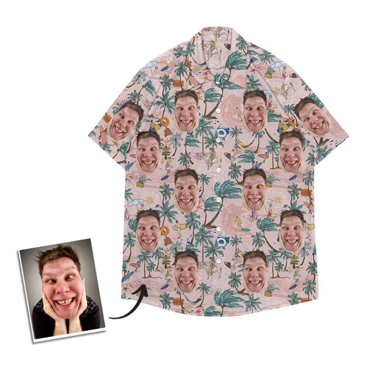 Custom face Hawaiian shirt featuring a man’s photo printed over playful pink tropical beach patterns.