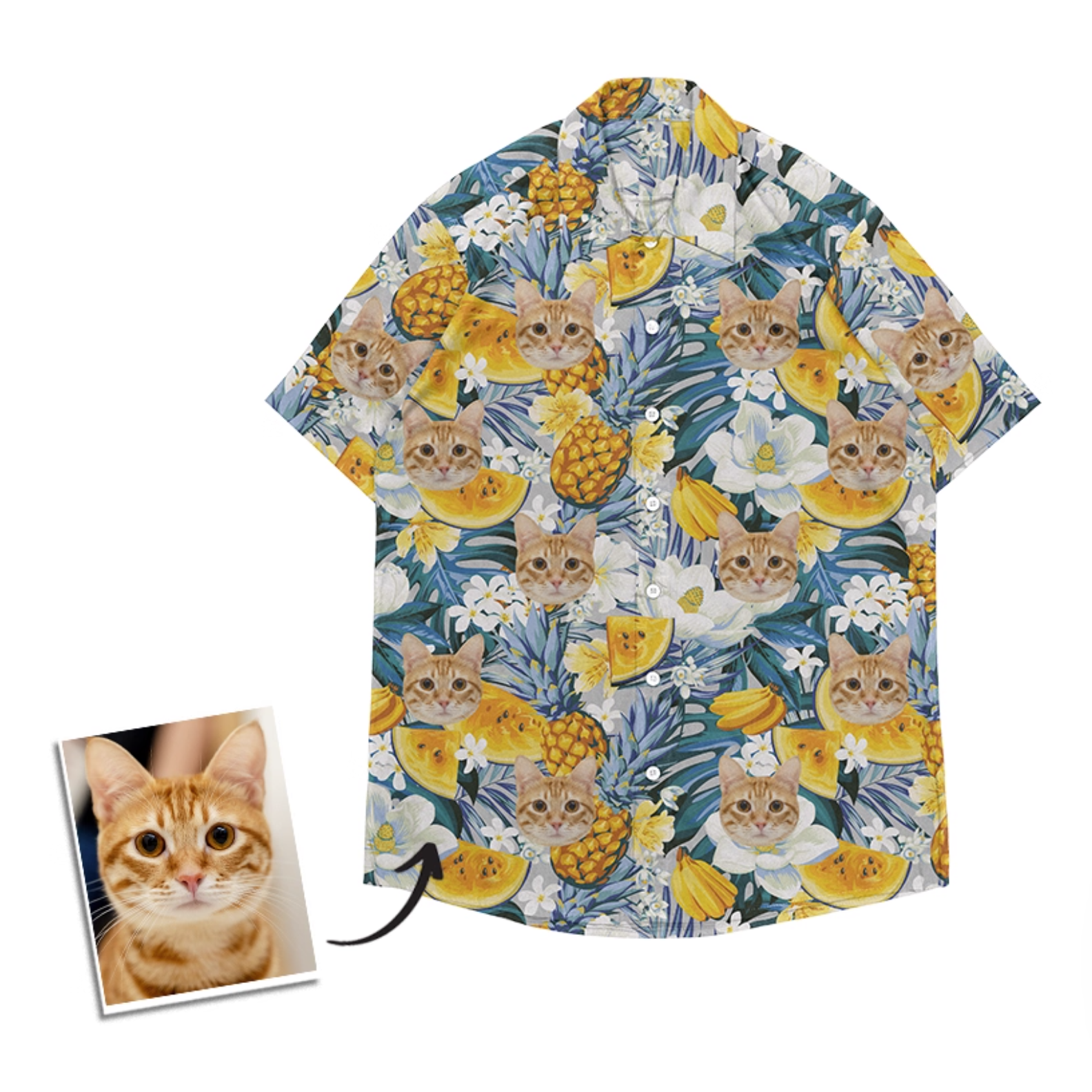 Personalized cat face Hawaiian shirt featuring orange cats, pineapples, and tropical flowers on a blue pattern.