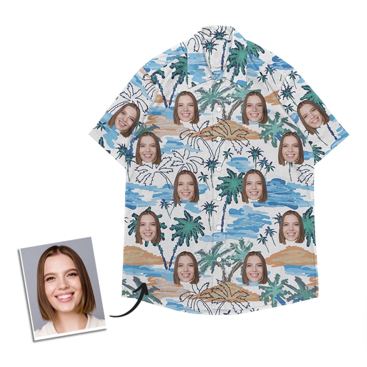 Custom face Hawaiian shirt featuring a woman’s portrait with palm tree and sunset prints on a beige background.