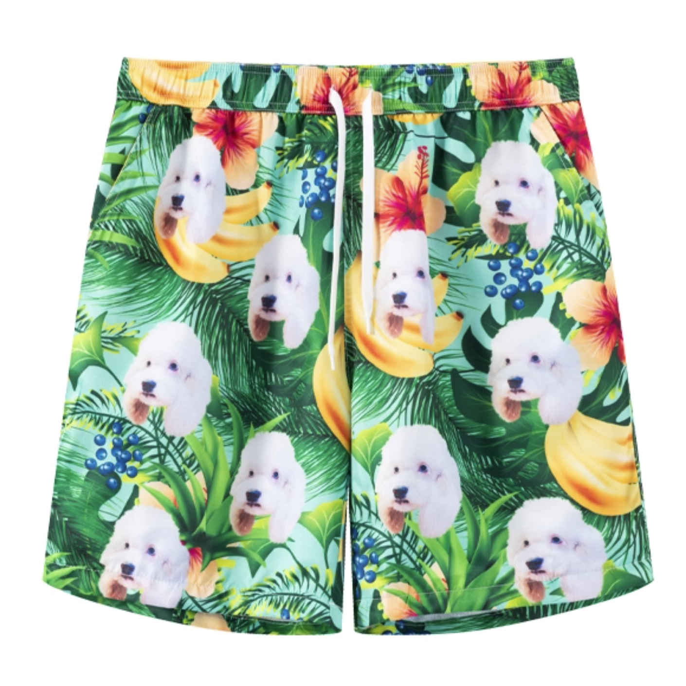 Custom dog face tropical shorts featuring banana leaves, hibiscus flowers, and green jungle print.