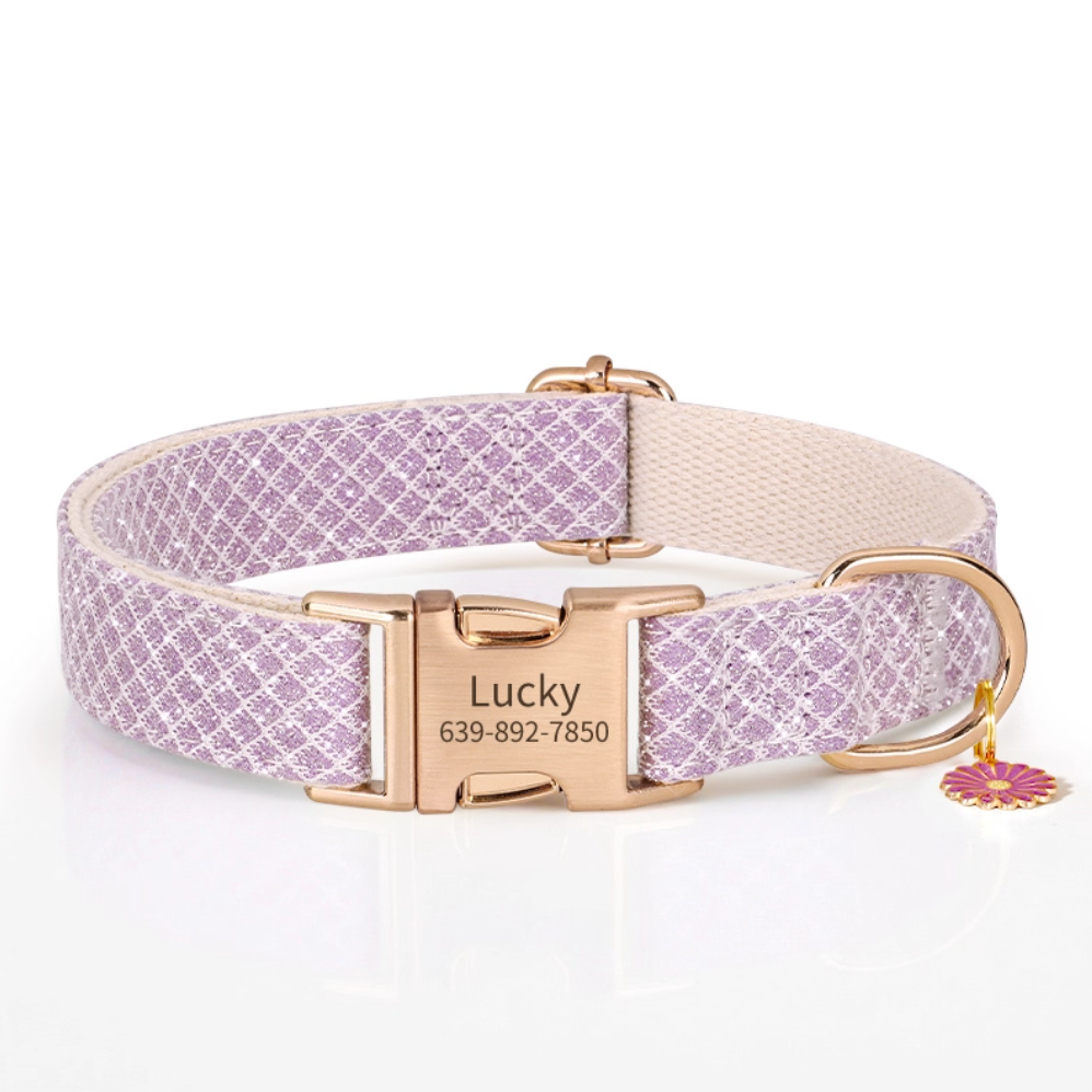 Lavender purple nylon dog collar with engraved buckle and lilac daisy charm.