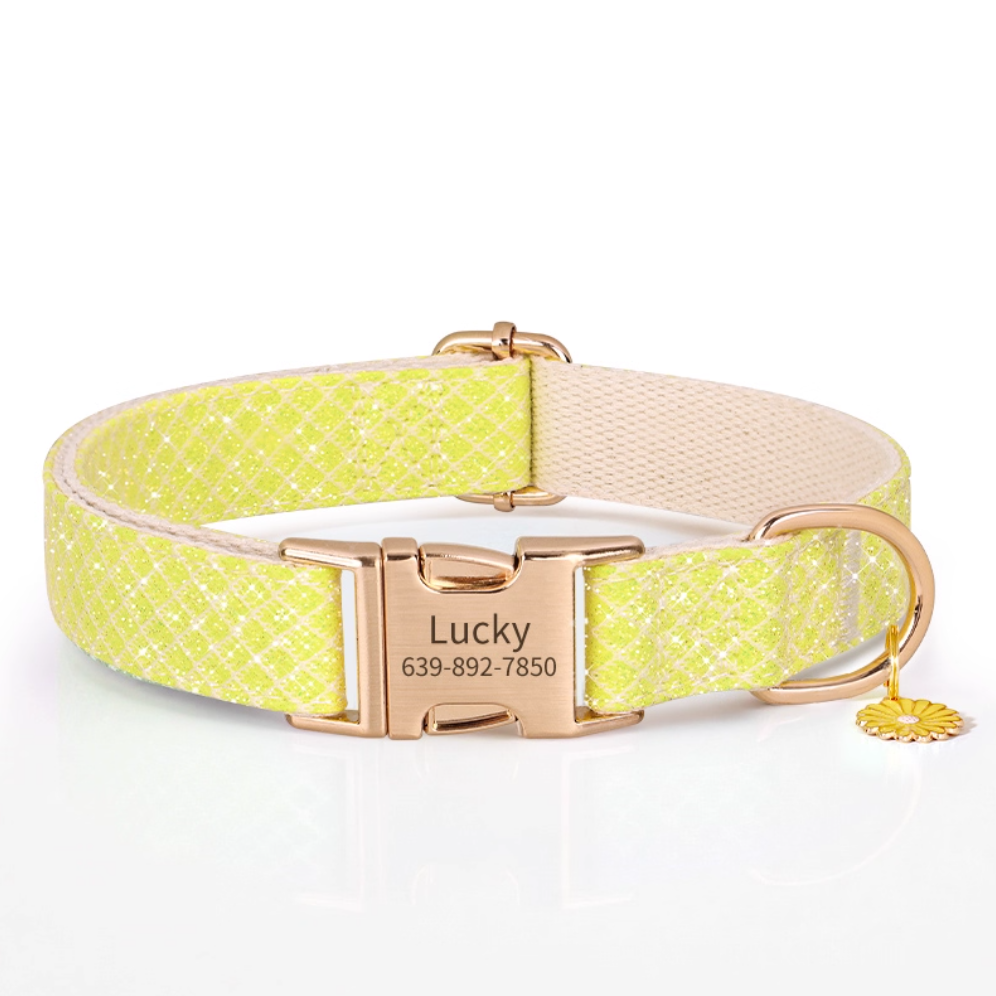 Lemon yellow nylon dog collar with engraved buckle and yellow daisy charm.