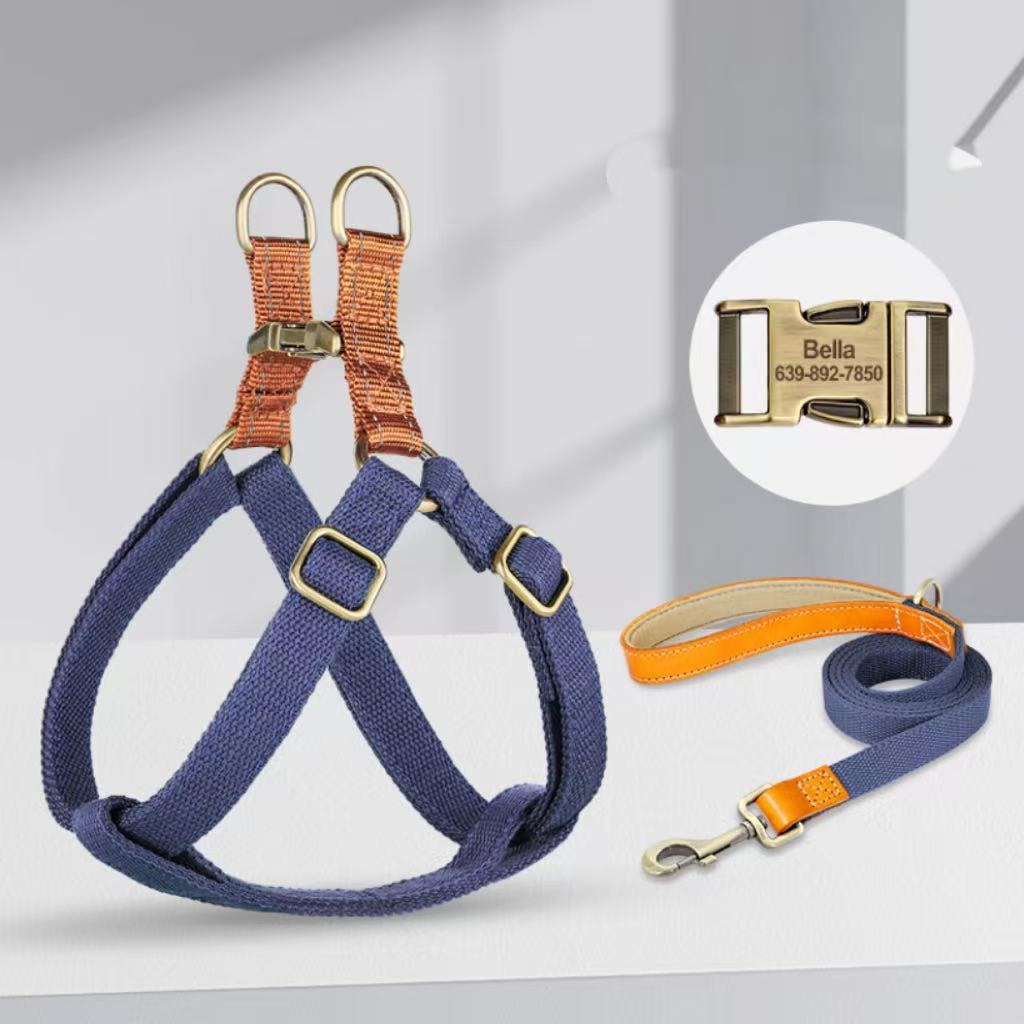 Navy blue reflective dog harness set with personalized engraved buckle and leash.