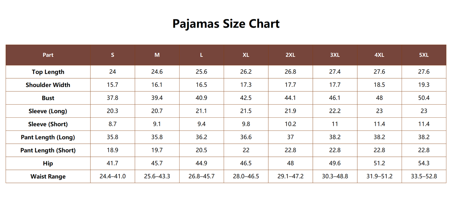 Detailed pajamas size chart showing top length, shoulder width, bust, sleeve, pants, hip, and waist measurements in inches