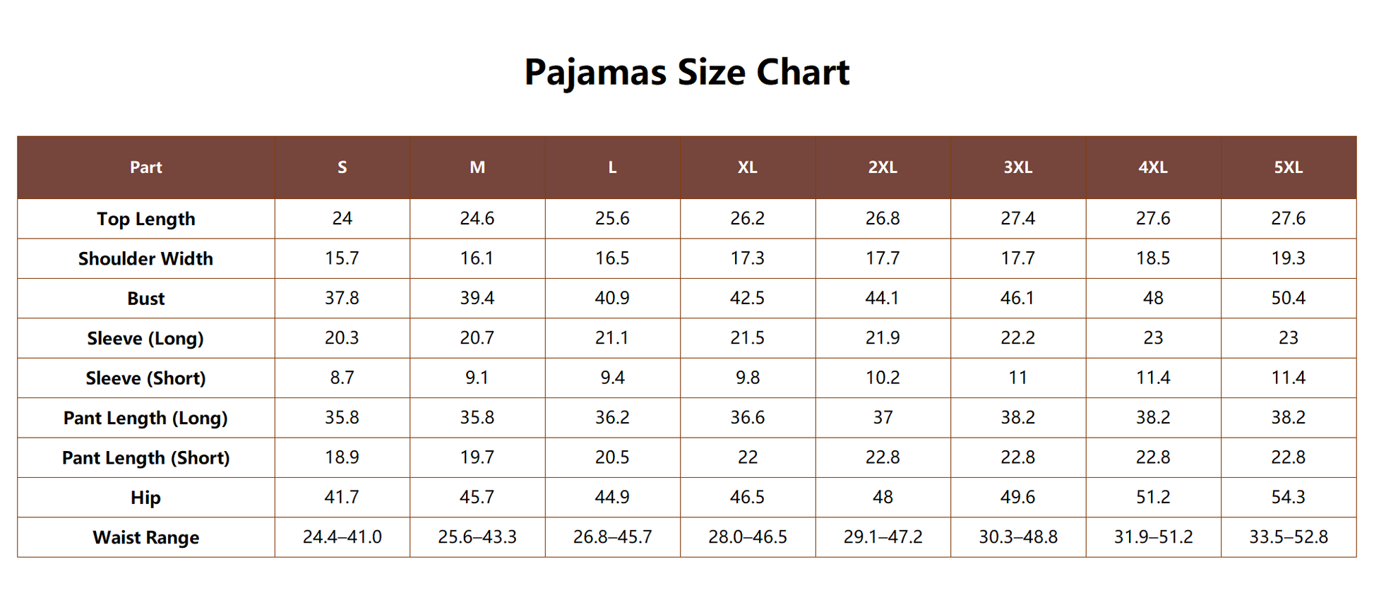 Detailed pajamas size chart showing top length, shoulder width, bust, sleeve, pants, hip, and waist measurements in inches