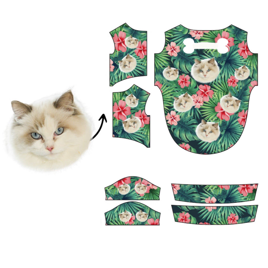 Custom ragdoll cat face tropical shirt pattern with pink hibiscus flowers on green background