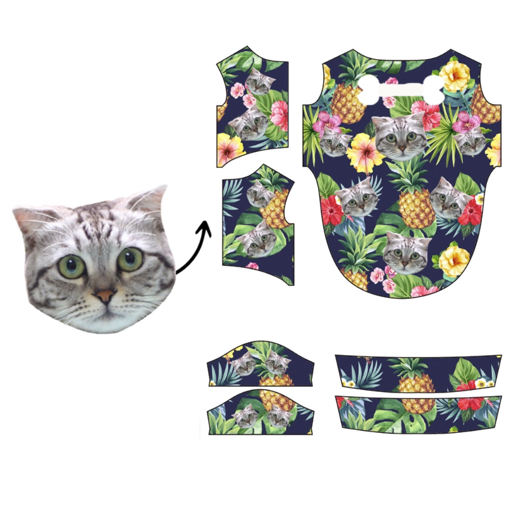 Grey cat face pattern with pineapples and flowers on dark tropical background