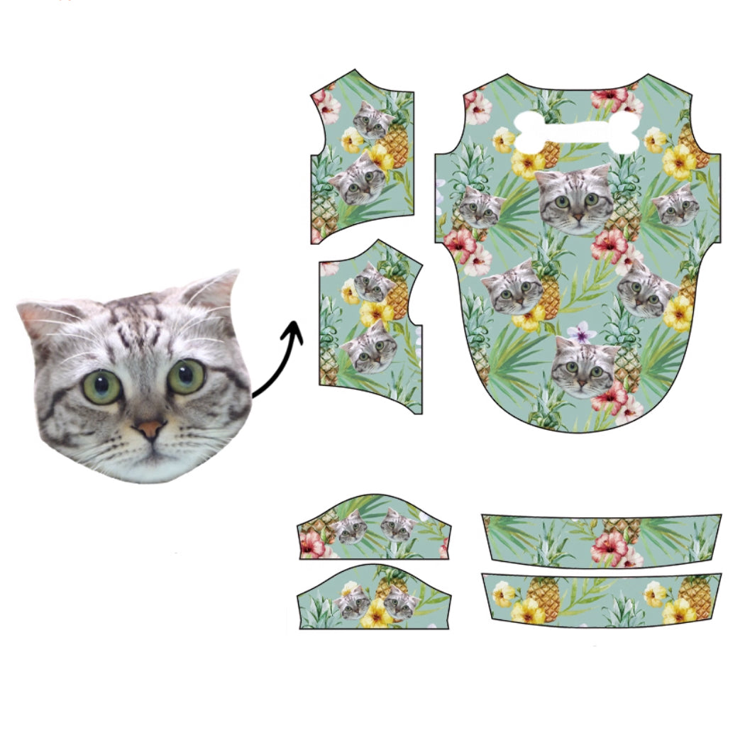 Grey cat face tropical shirt pattern with pineapples and yellow hibiscus on mint background