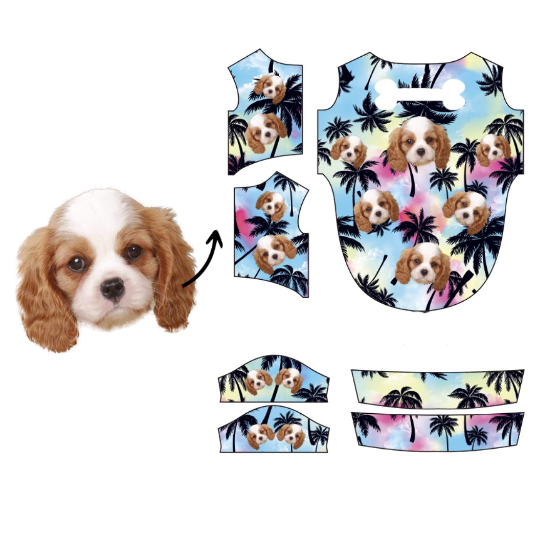 Bulldog face tropical floral print layout on dark background for custom dog shirt