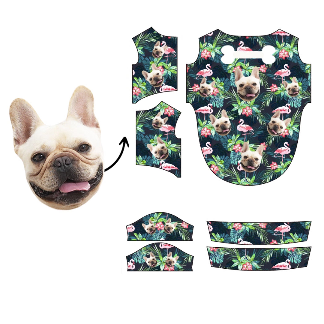 Dark tropical flamingo dog face shirt pattern layout for customization