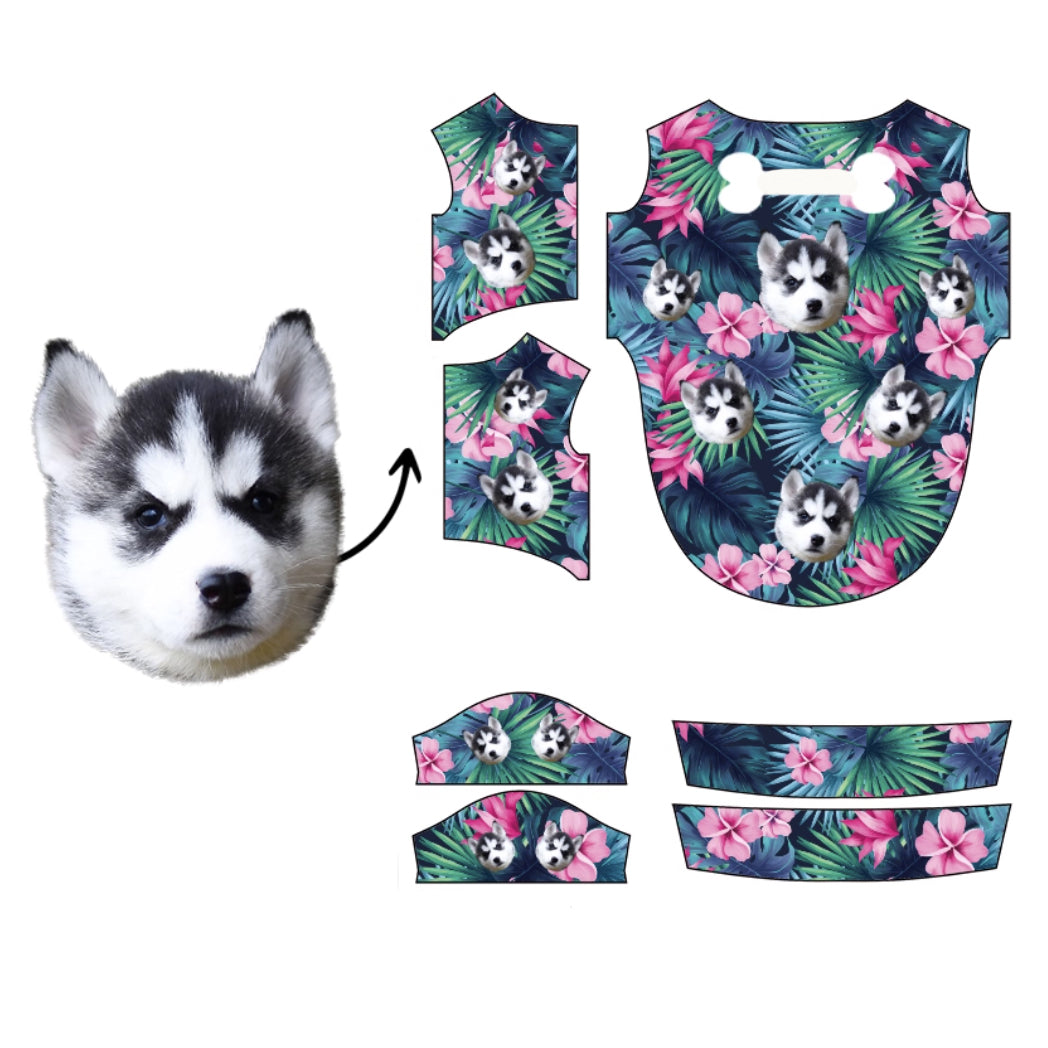Husky dog face tropical floral print pattern on blue background for custom pet shirt
