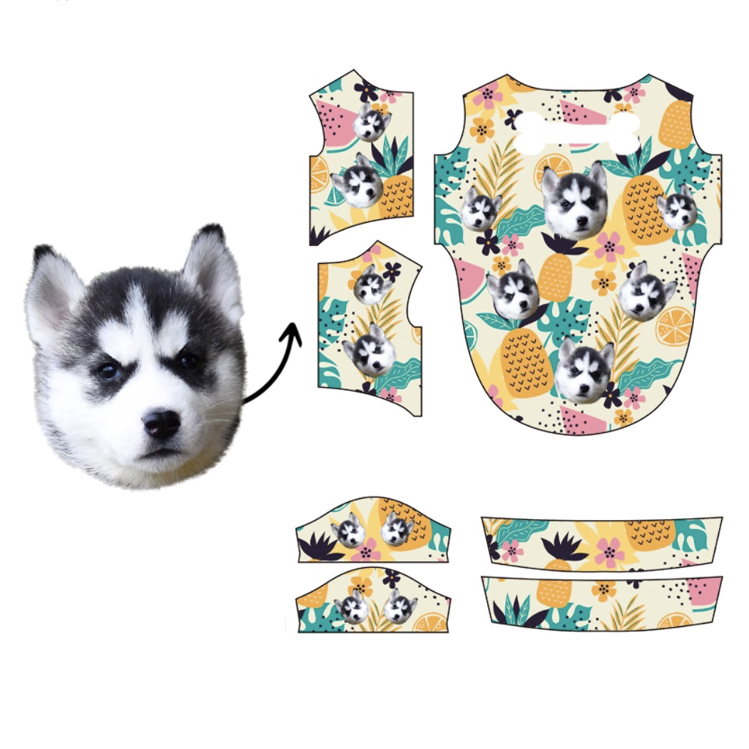 Husky dog face pattern with tropical fruits like pineapple and orange on yellow mint background