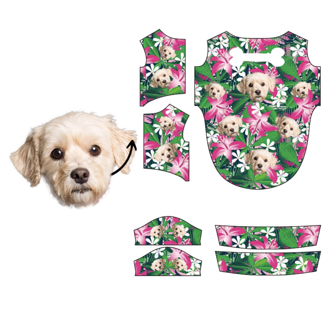 Maltese dog face tropical pattern with pink and white flowers on green background for custom pet shirt