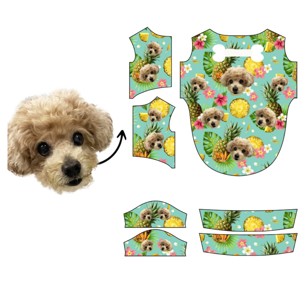 Toy poodle face with pineapple tropical print layout for personalized pet shirt