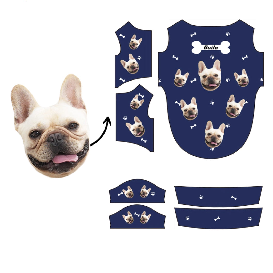 Custom dog shirt pattern layout with bones and paw prints on royal blue background