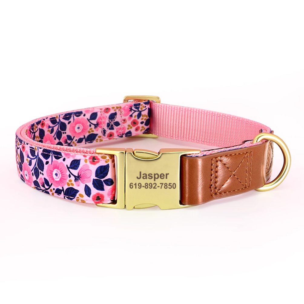 Pink blossom floral dog collar with engraved buckle and soft webbing strap.