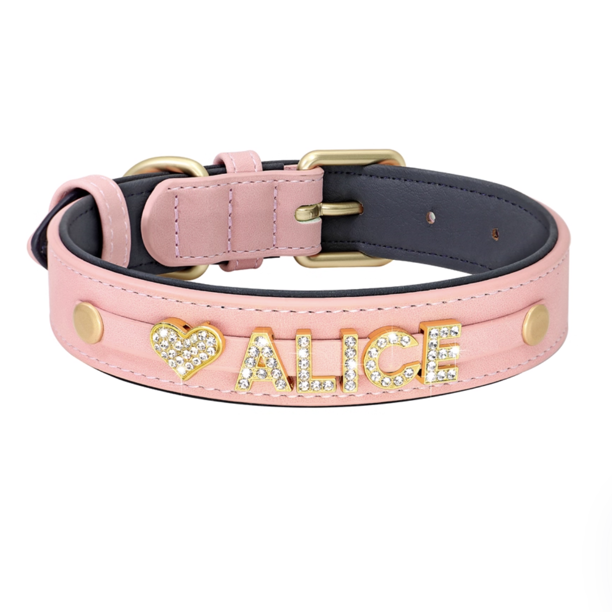 Pink rhinestone pet collar with “ALICE” name and heart-shaped charm.