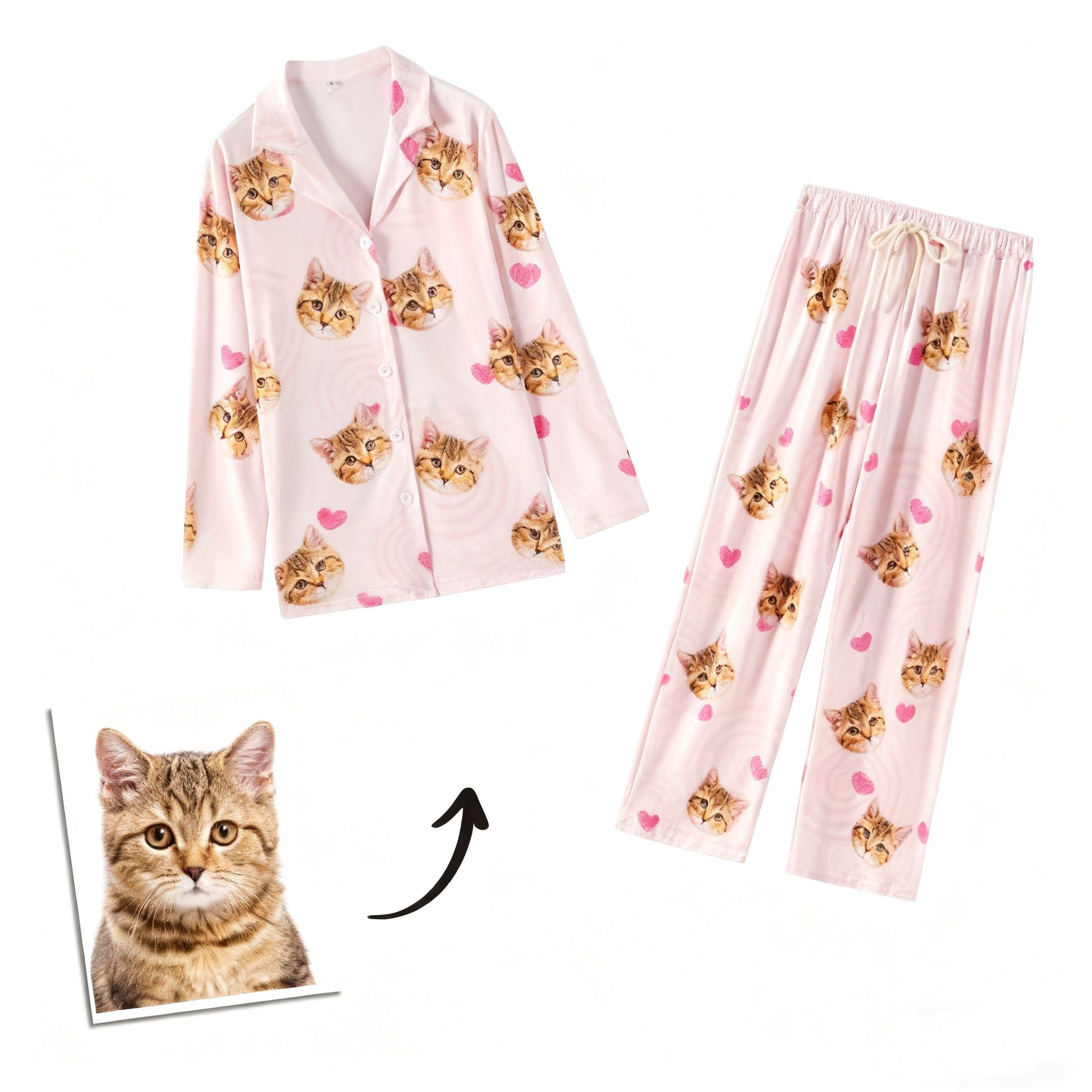 Pink pajamas set featuring custom printed cat faces and heart shapes