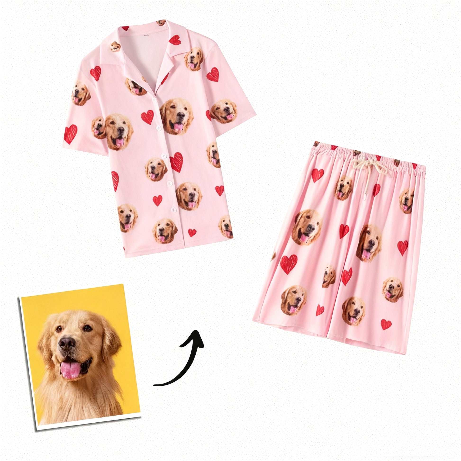 Pink short-sleeve custom pet pajamas featuring golden retriever faces and red hearts