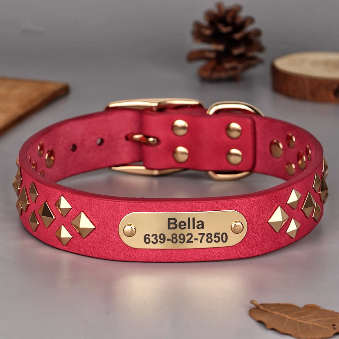 Close-up of red leather dog collar with gold pyramid studs and engraved nameplate “Bella”.