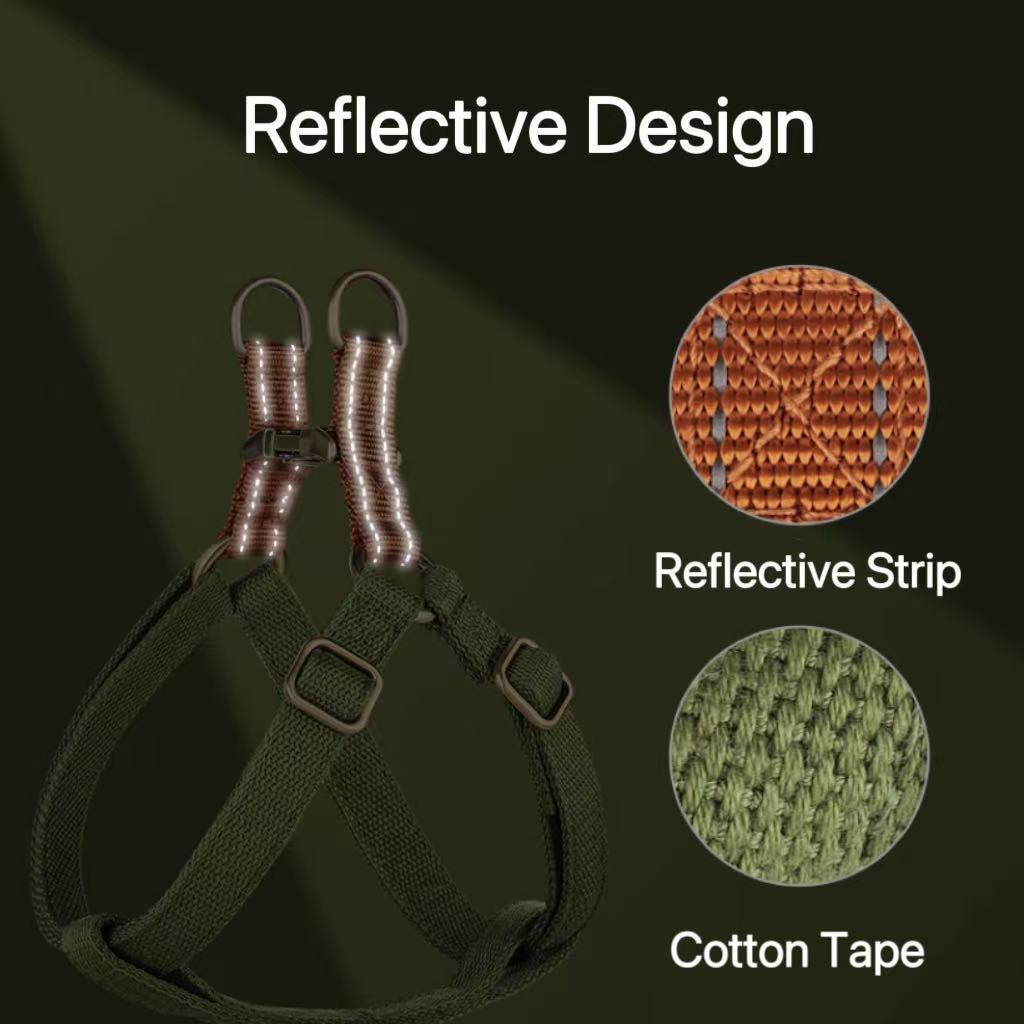 Close-up of reflective dog harness showing reflective strip and cotton webbing material.