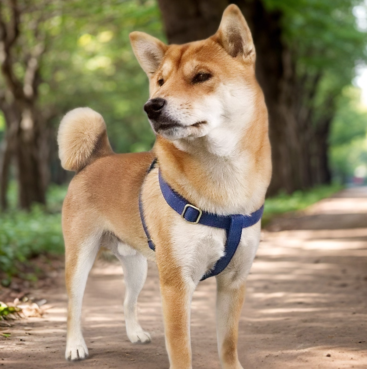 Shiba Inu wearing navy blue reflective dog harness, standing on forest trail.