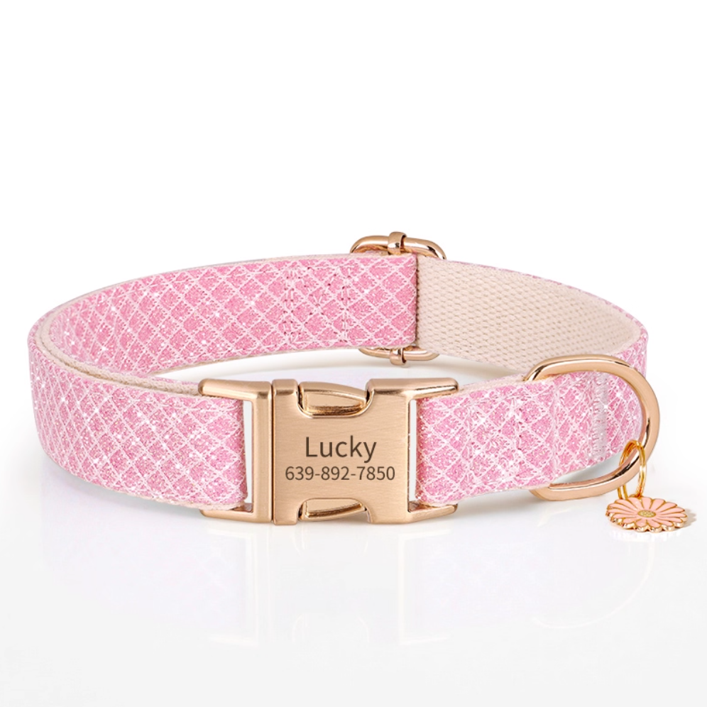 Soft pink nylon dog collar with engraved buckle and pink daisy charm.