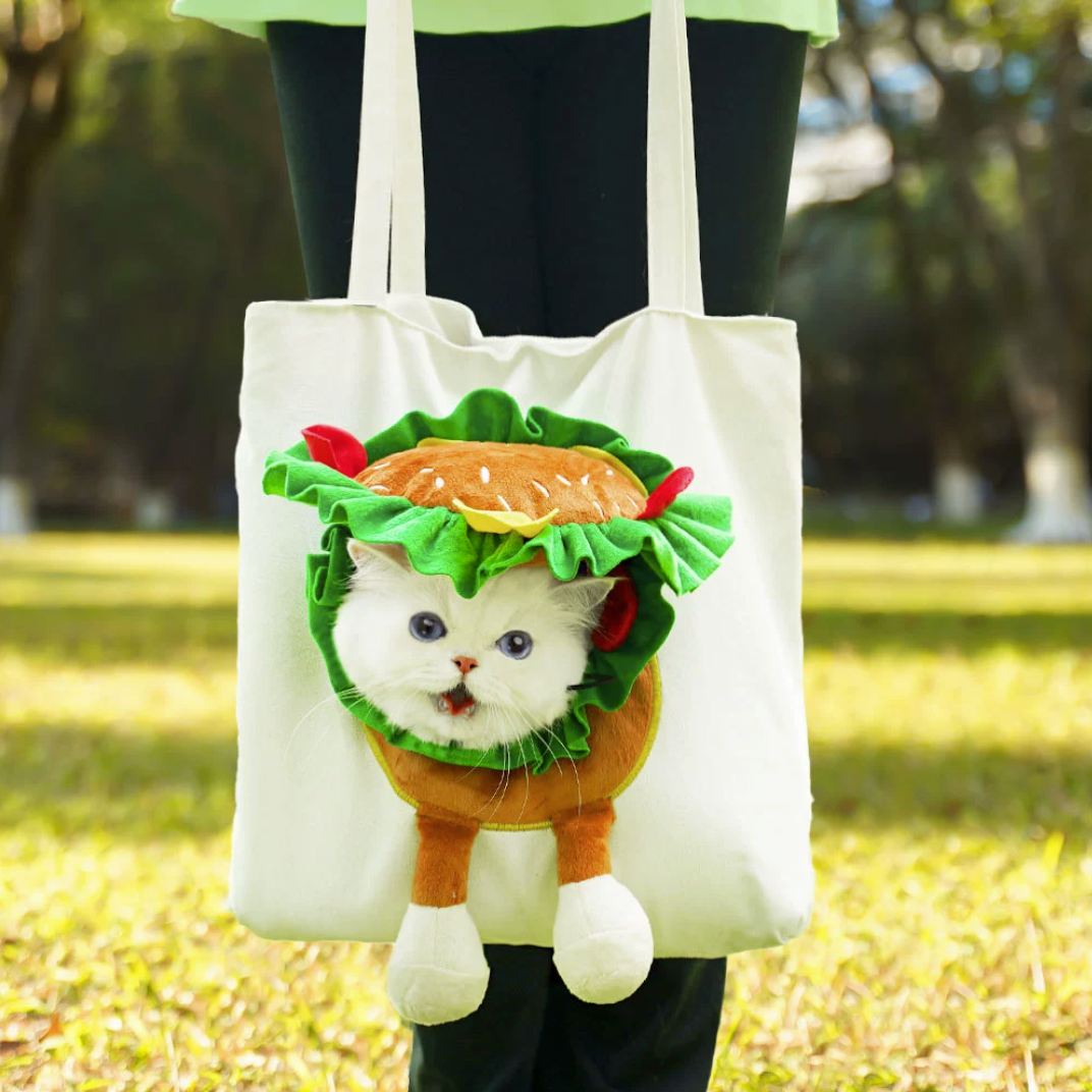 White tote with burger costume front, cat’s head in center