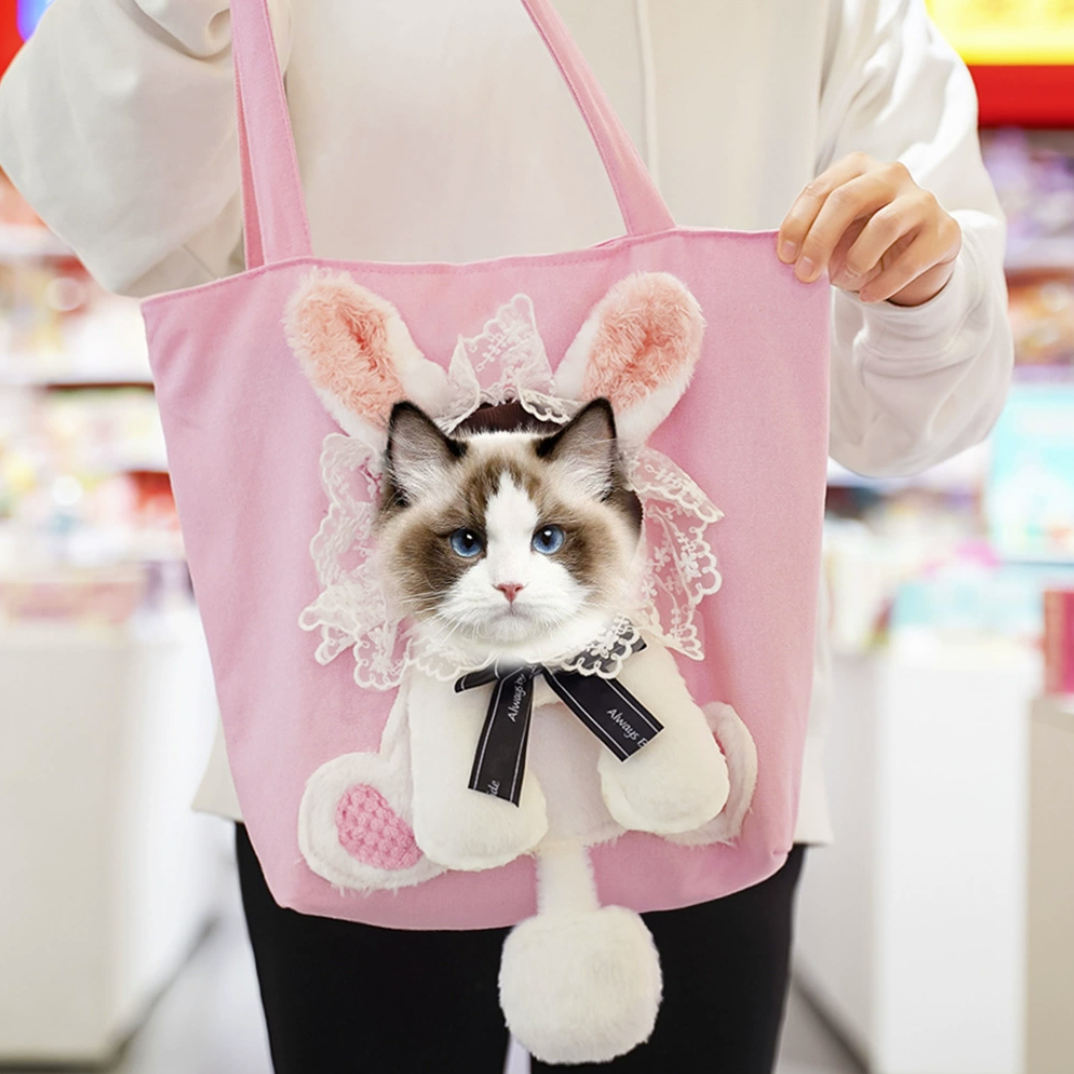 Pink tote with lace bunny costume, cat’s head in the opening
