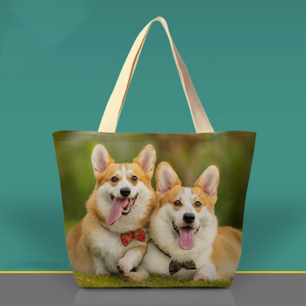 Custom pet tote bag printed with two corgis, matching dog lover gift bag