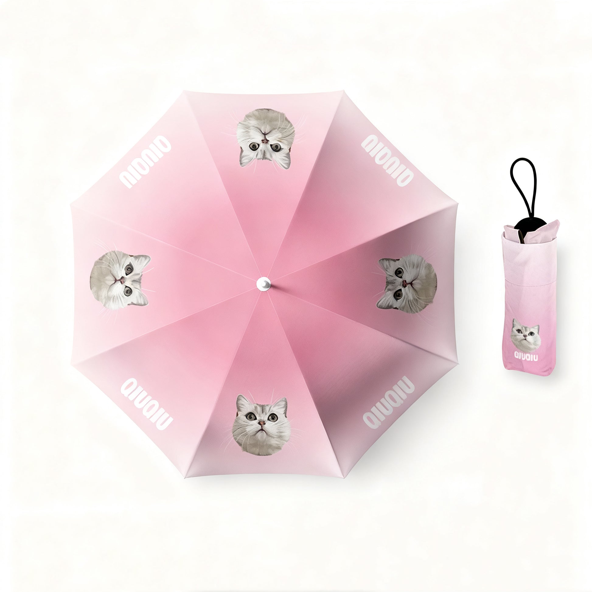 Pink pet umbrella with white cat portraits and matching pink pouch.