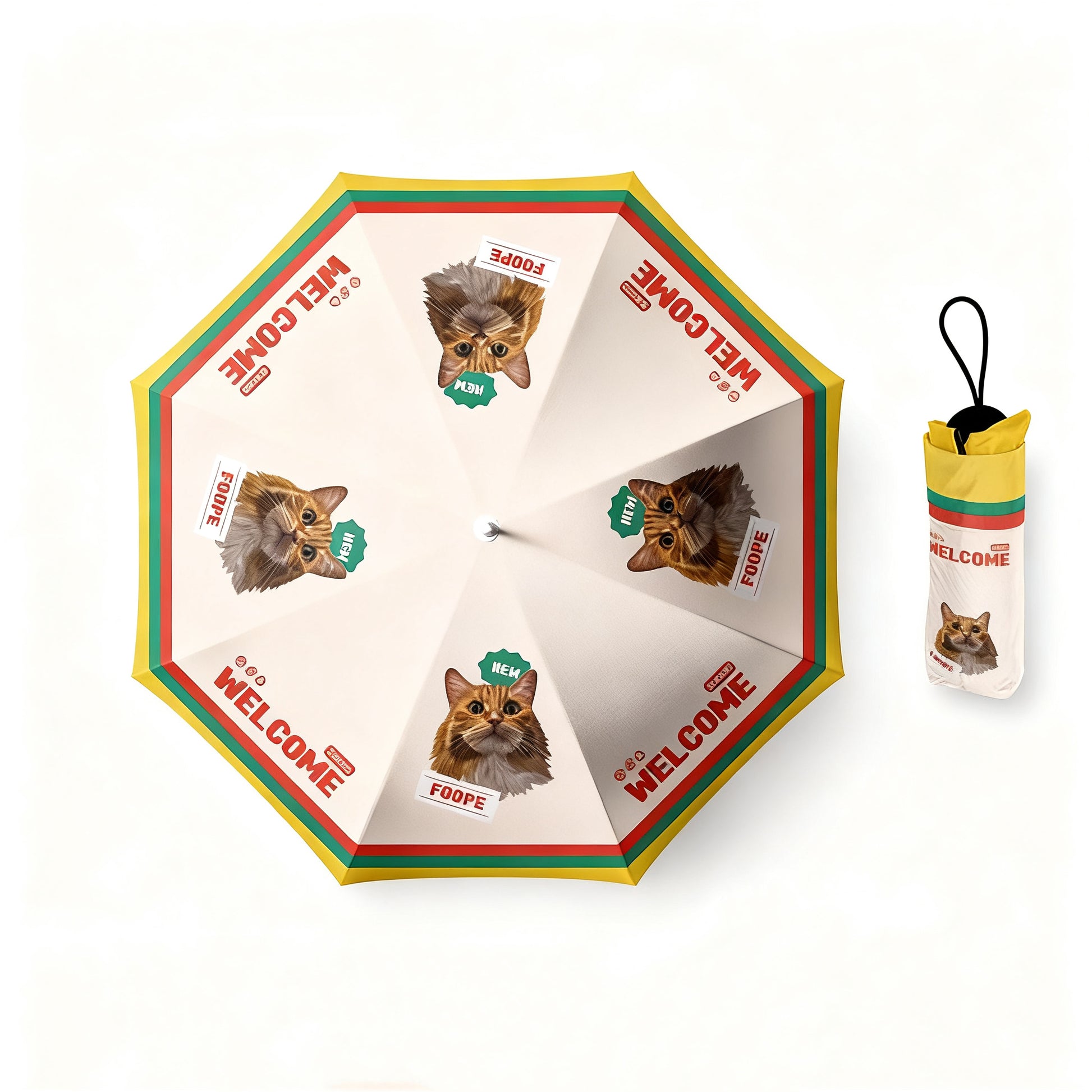 Cream and yellow umbrella featuring orange cat portraits and “Welcome” text in red and green accents.